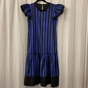 Vintage Lana B Black Blue Striped‎ Ruffle Midi Dress Size 5/6